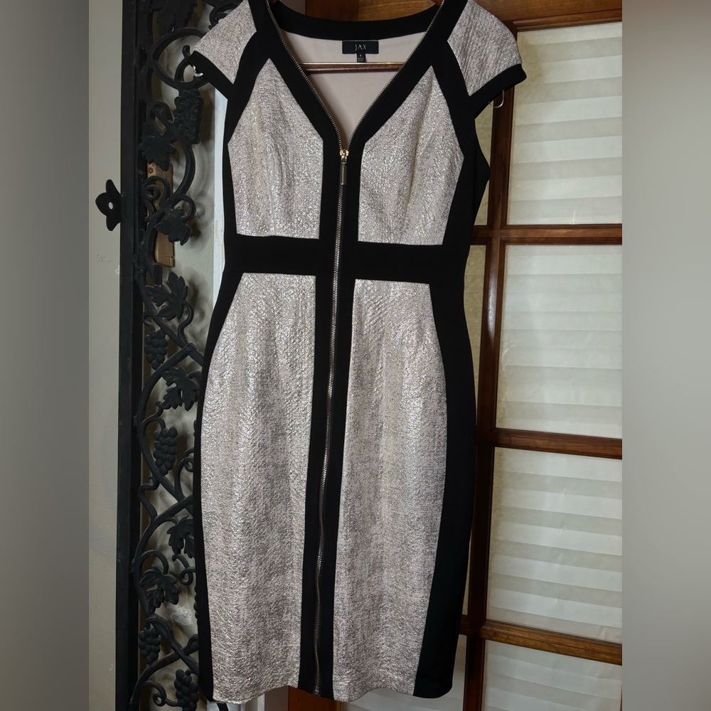 Jax Silver Metallic Midi Dress with Black Trim